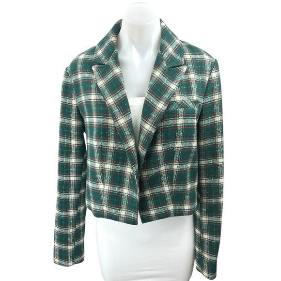 And Now This Women's Green Plaid Checkered Flannel Crop Blazer Coat Jacket Sz M - Picture 1 of 5